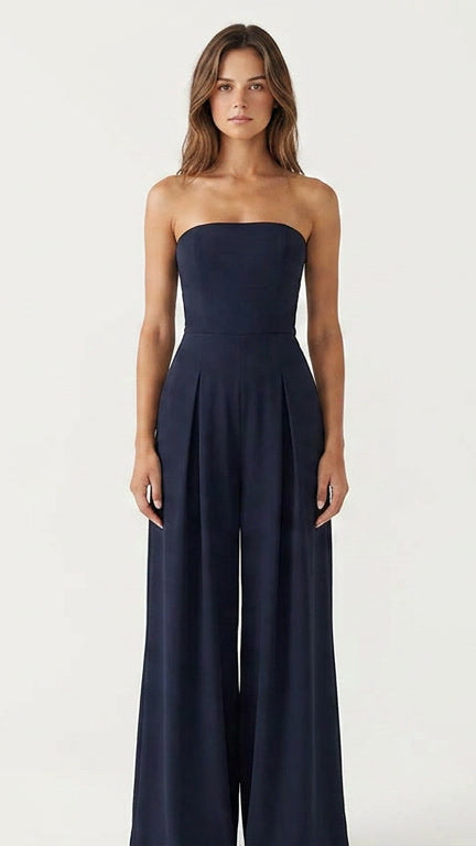 Elegant women's strapless wide-leg jumpsuit for evening wear, weddings & formal summer events.