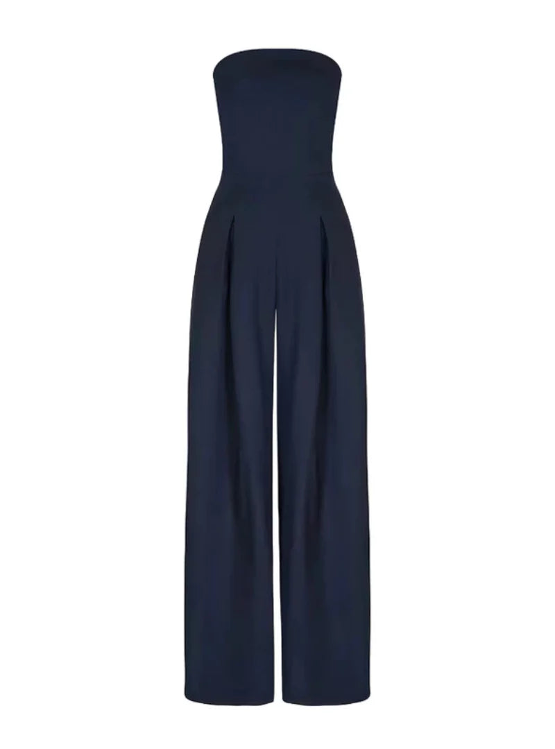 Formal strapless wide-leg jumpsuit for women. Elegant evening wear or wedding guest attire.