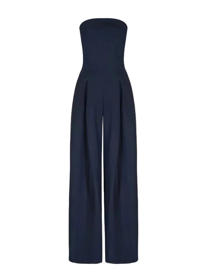 Formal strapless wide-leg jumpsuit for women. Elegant evening wear or wedding guest attire.