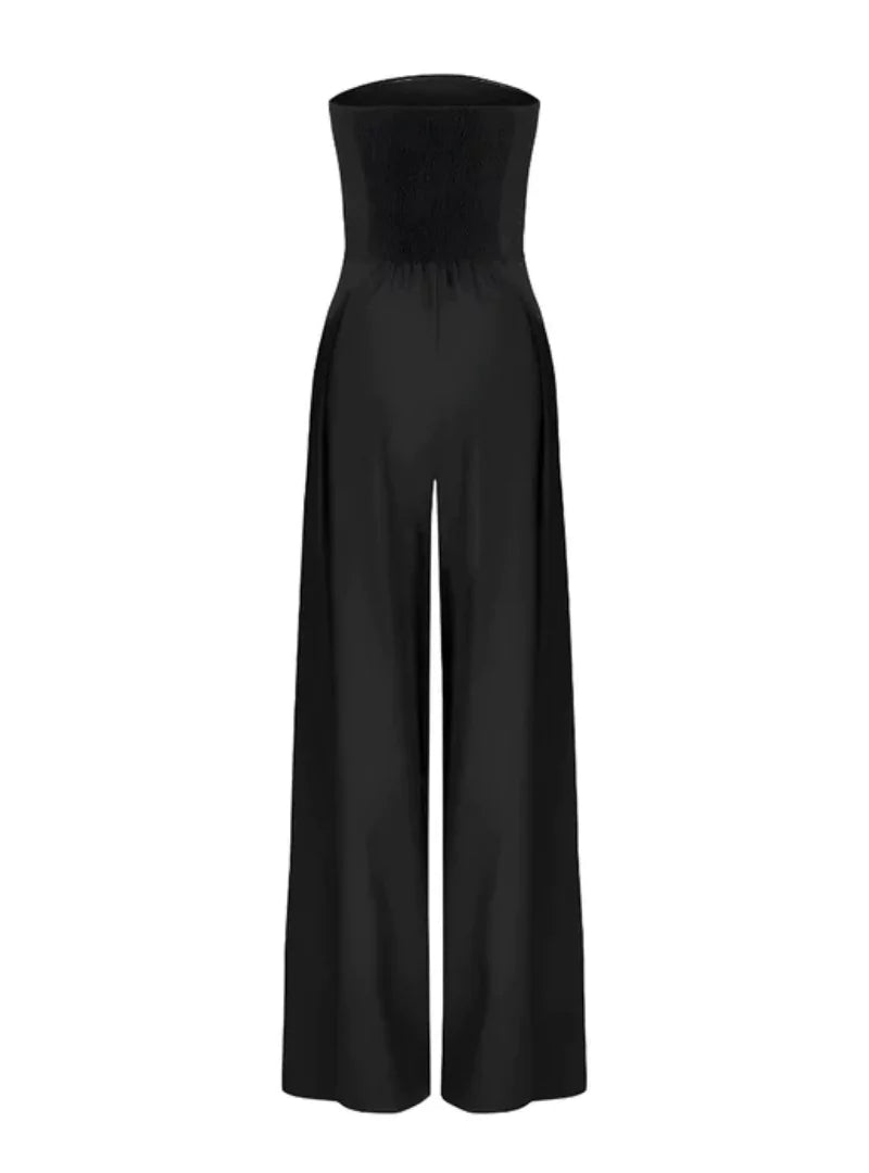 Stylish women's wide-leg strapless jumpsuit in black, an elegant choice for evening events or wedding guests.
