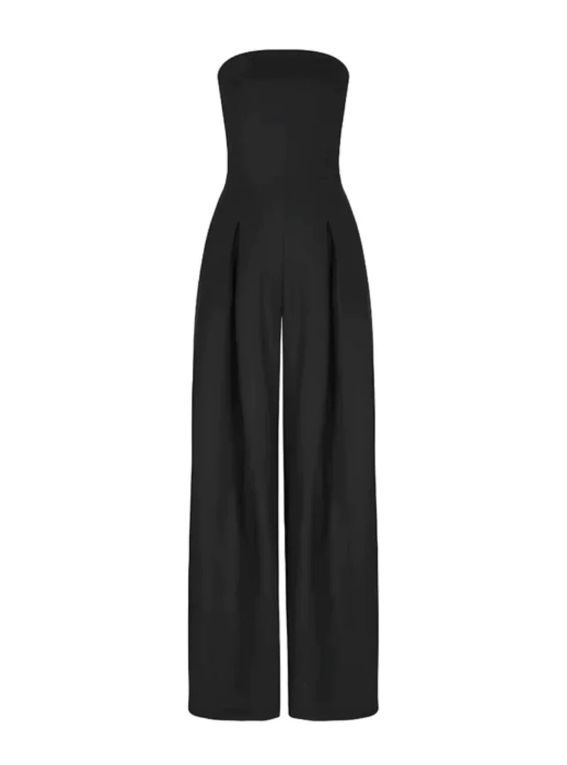 Women's elegant beige strapless wide-leg jumpsuit, suitable for formal summer evenings or special events.