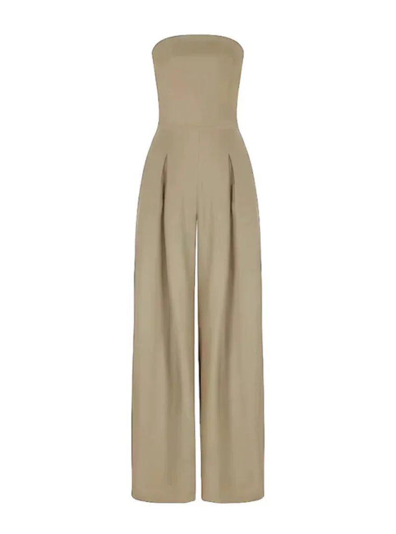 Timeless elegant women's strapless wide-leg jumpsuit, perfect for formal summer events & evening gatherings.