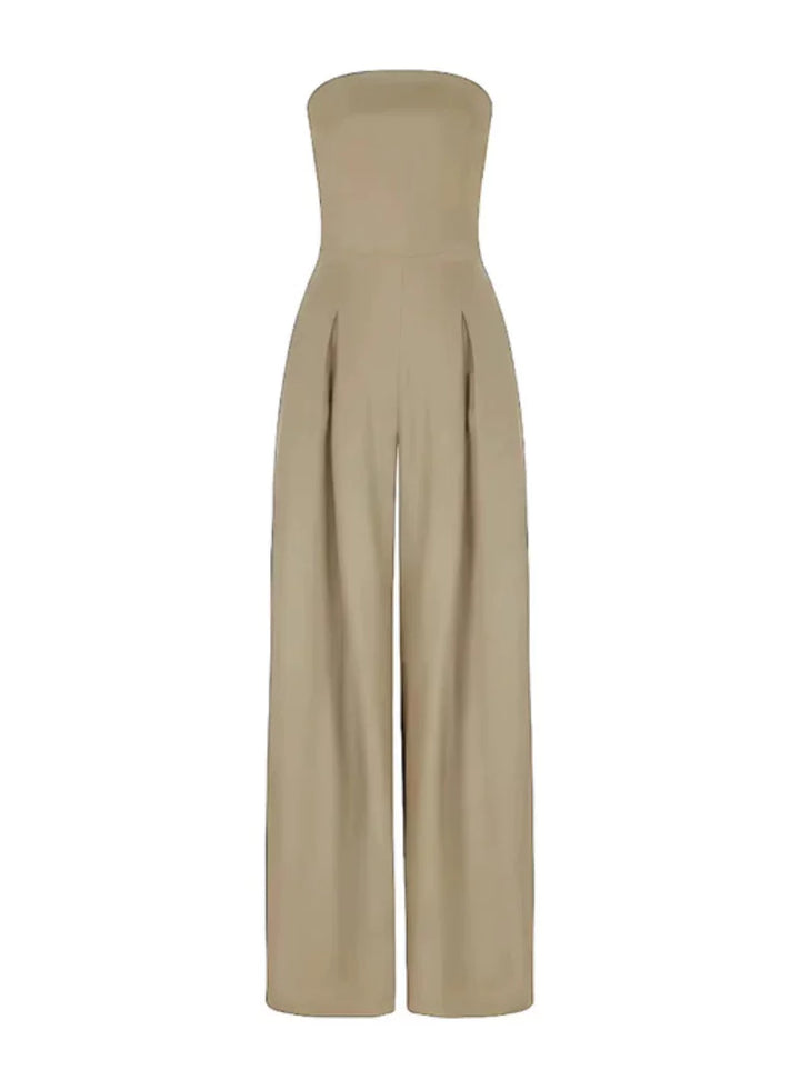 Timeless elegant women's strapless wide-leg jumpsuit, perfect for formal summer events & evening gatherings.