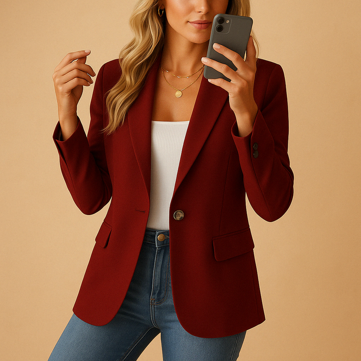 Fitted women's stretch blazer, modern design for a sleek silhouette, great for work or sophisticated casual.
