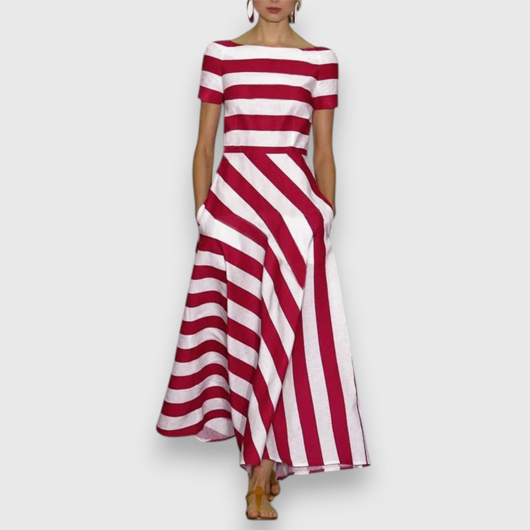 Versatile women's striped A-line maxi dress with bateau neck and pockets. Ideal for casual chic or elegant summer wear.