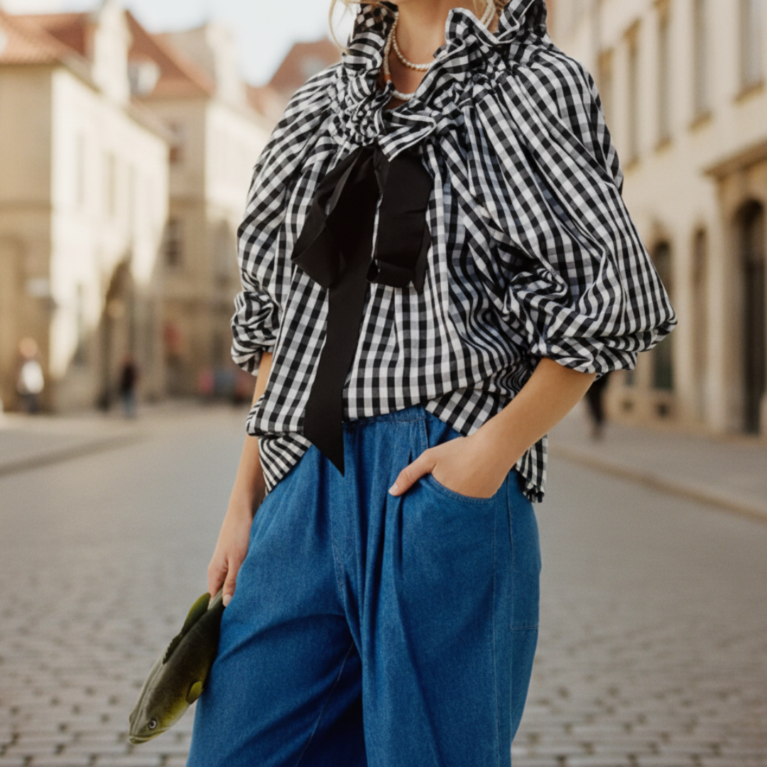 Elegant women's striped blouse: ruffle neck, bow tie, balloon sleeves. Stylish & comfortable for work.