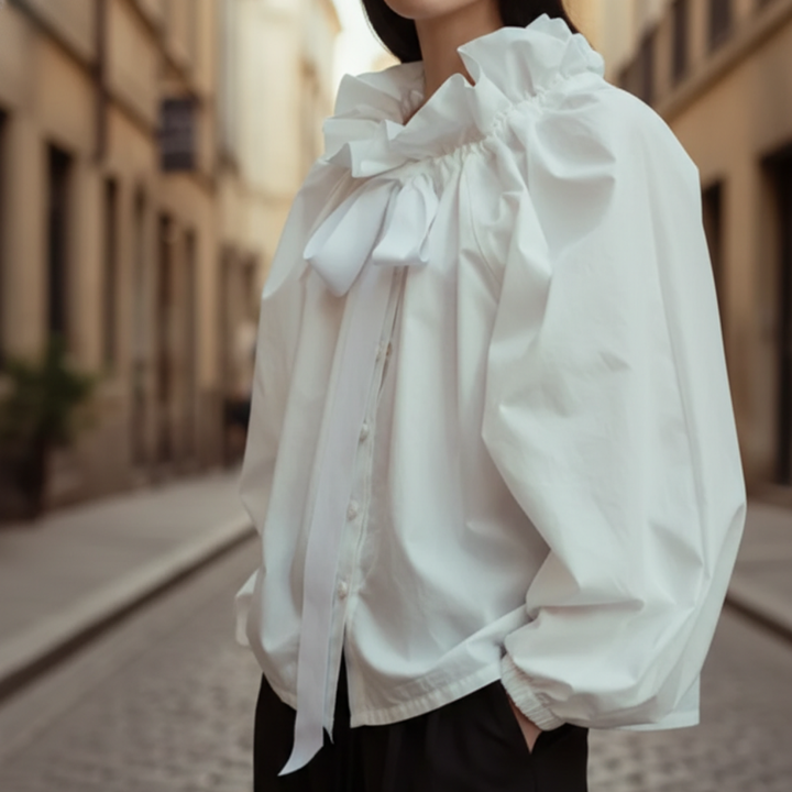 Chic women's striped ruffle blouse with bow tie. A versatile, elegant top for modern womens fashion.