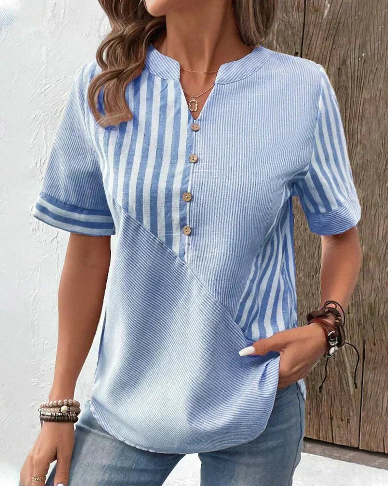 Versatile women's short sleeve striped blouse for effortless everyday style or office wear.