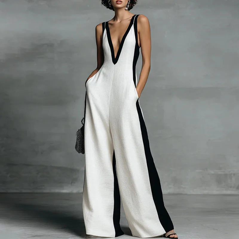 Elegant women's striped wide-leg jumpsuit with V-neck. Perfect for summer, vacation, or brunch.