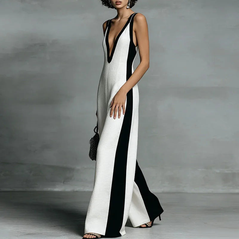 Sleeveless V-neck striped wide-leg jumpsuit for women. A comfortable & elegant one-piece for summer fashion.