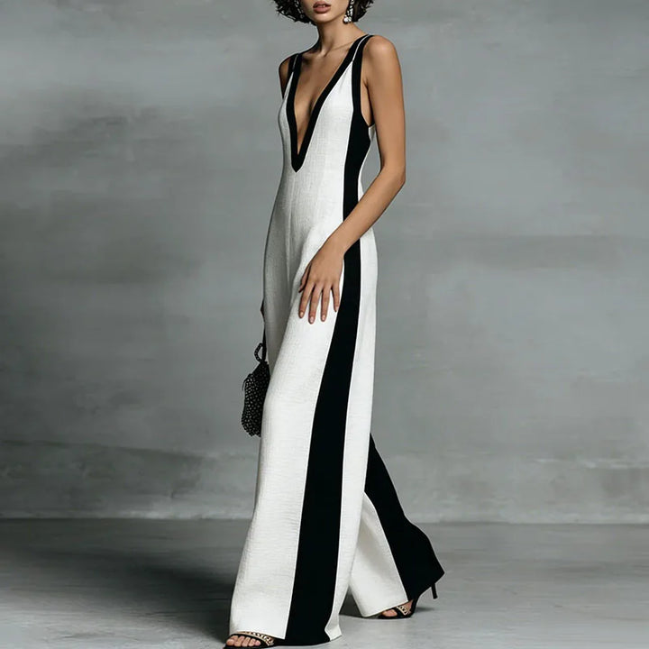 Sleeveless V-neck striped wide-leg jumpsuit for women. A comfortable & elegant one-piece for summer fashion.