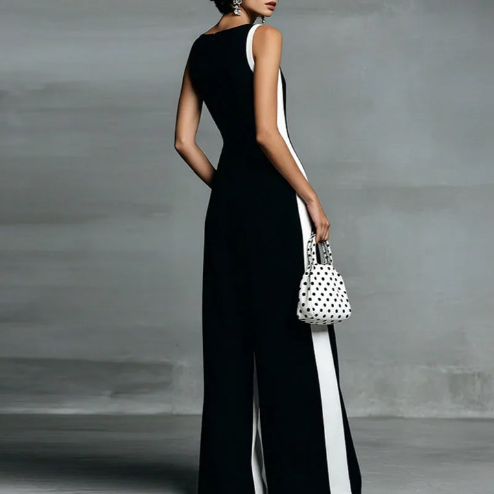 Elegant women's one-piece striped jumpsuit with a flattering V-neck & wide legs. Great for resort & casual chic.