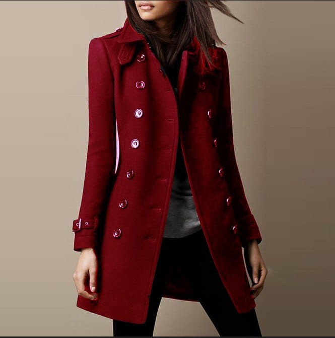 Elegant women's structured double-breasted long coat, ideal for fall/winter office wear & chic style.