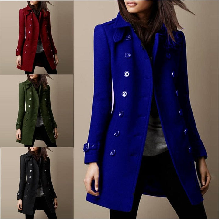Tailored women's trench coat with double-breasted design, offering a chic & structured look for cold weather.