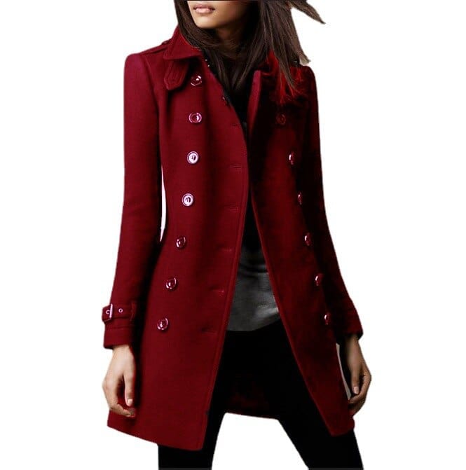 Chic women's winter coat, double-breasted & long, providing elegant fall outerwear and a structured jacket style.