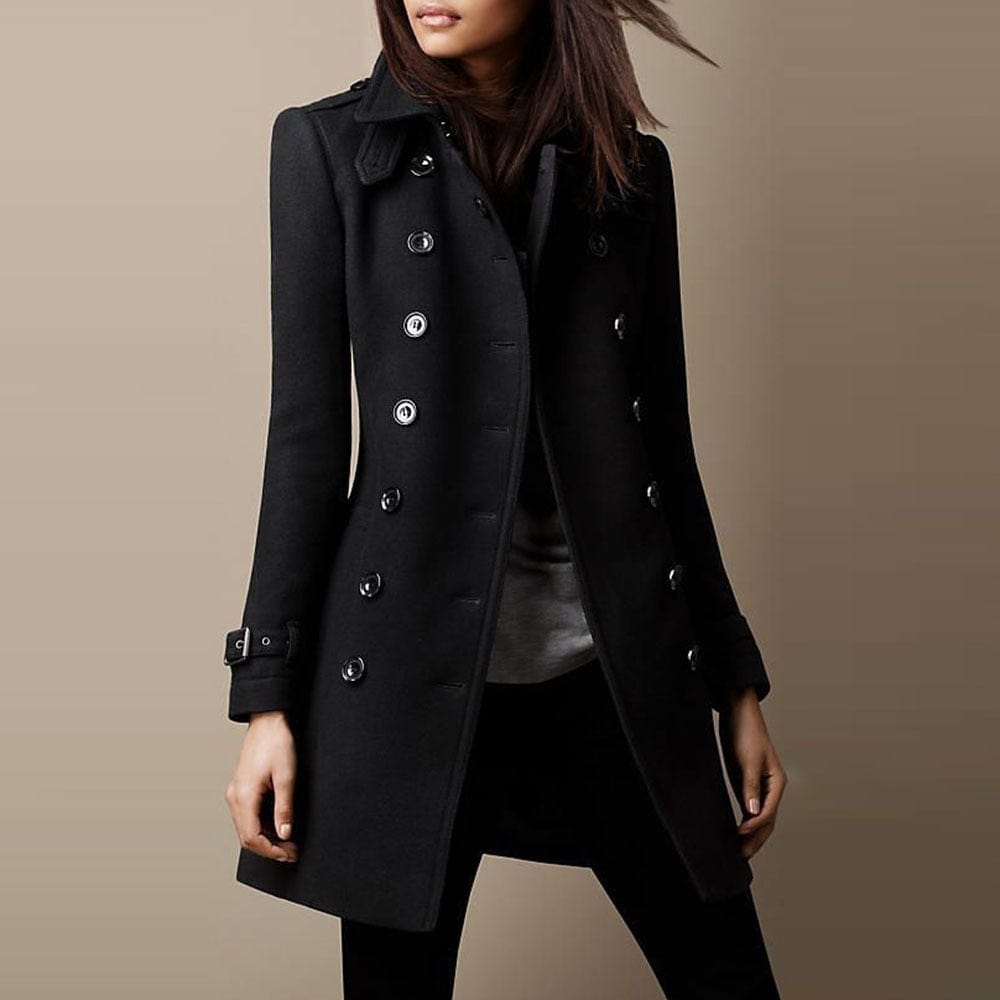 Structured women's long coat, double-breasted, tailored for sophisticated office wear & elegant fashion.