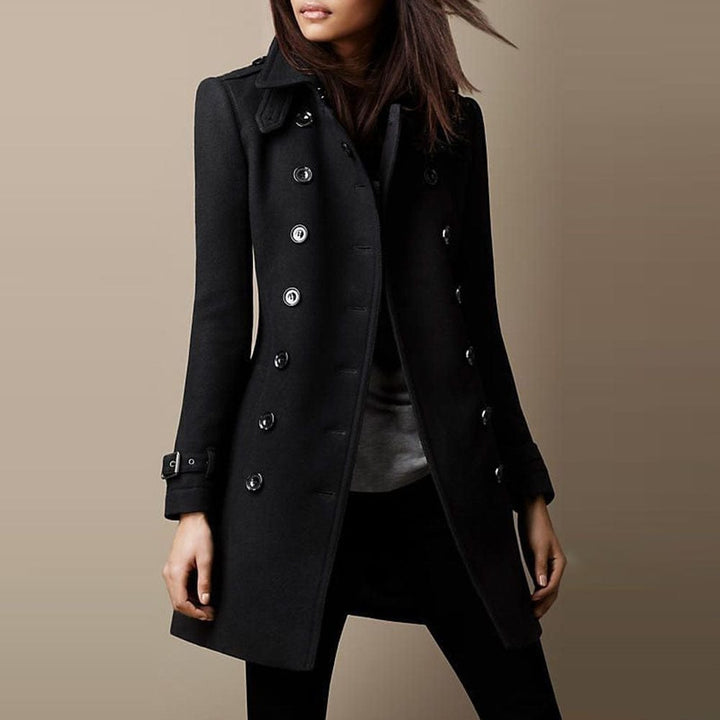 Structured women's long coat, double-breasted, tailored for sophisticated office wear & elegant fashion.