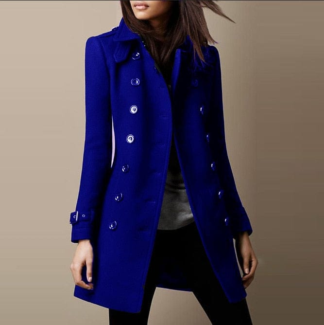 Women's double-breasted long coat, a tailored trench for elegant cold weather fashion & structured style.