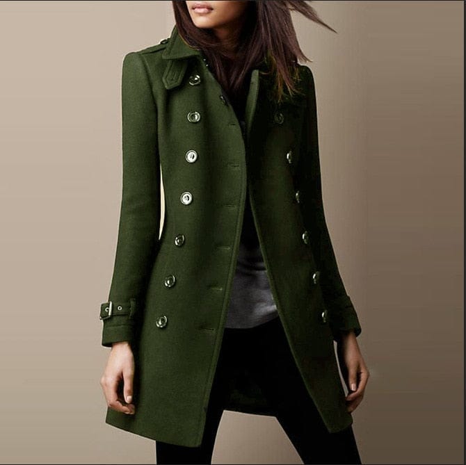 Stylish women's structured long coat, double-breasted, perfect for elegant office wear or chic fall outerwear.