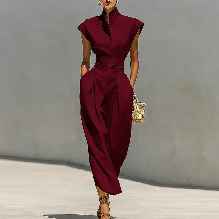 Elegant women's structured midi dress with a cinched waist, perfect for sophisticated workwear, cocktail, or evening events.
