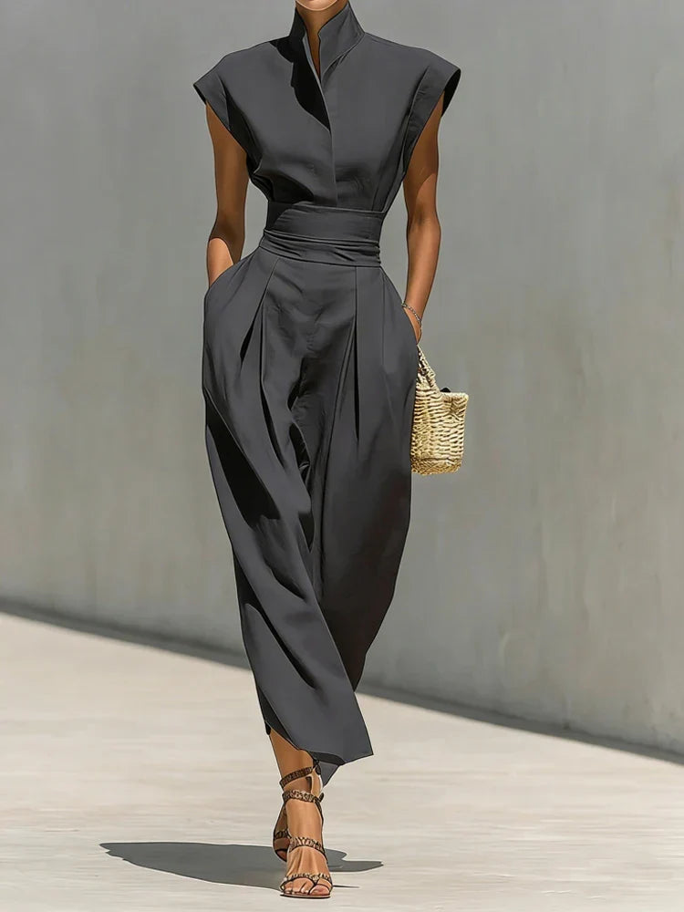 Sophisticated women's midi dress featuring a structured silhouette & elegant cinched waist for work, cocktail, evening wear.