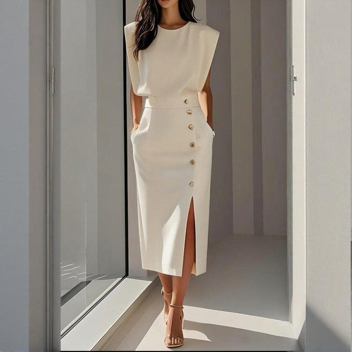 Elegant women's structured midi dress with tailored fit, perfect for formal occasions or sophisticated workwear.