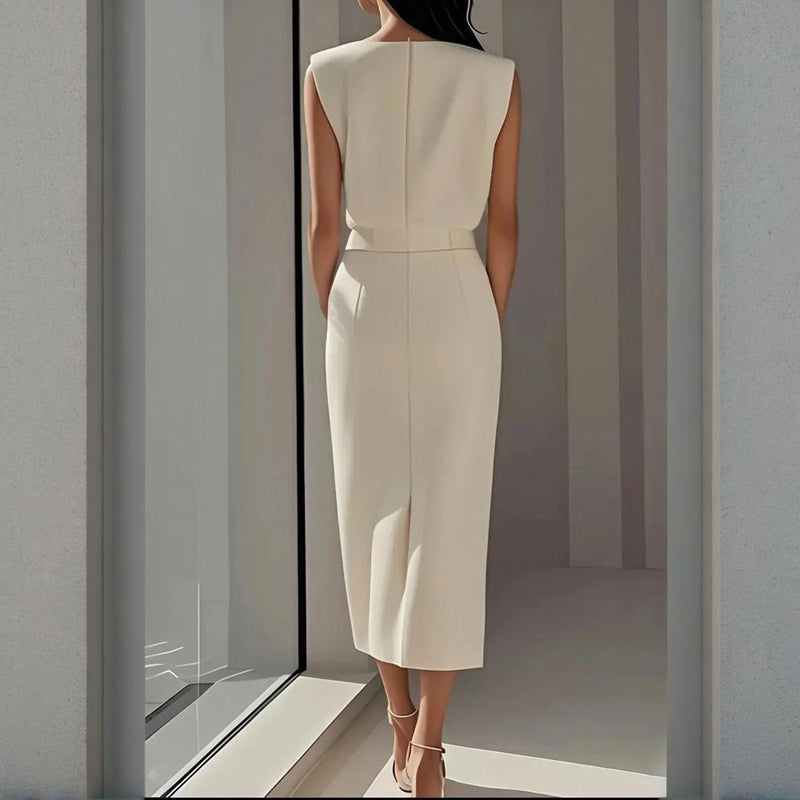Chic midi dress for women featuring stylish side buttons and a graceful slit. Versatile day-to-night wear.