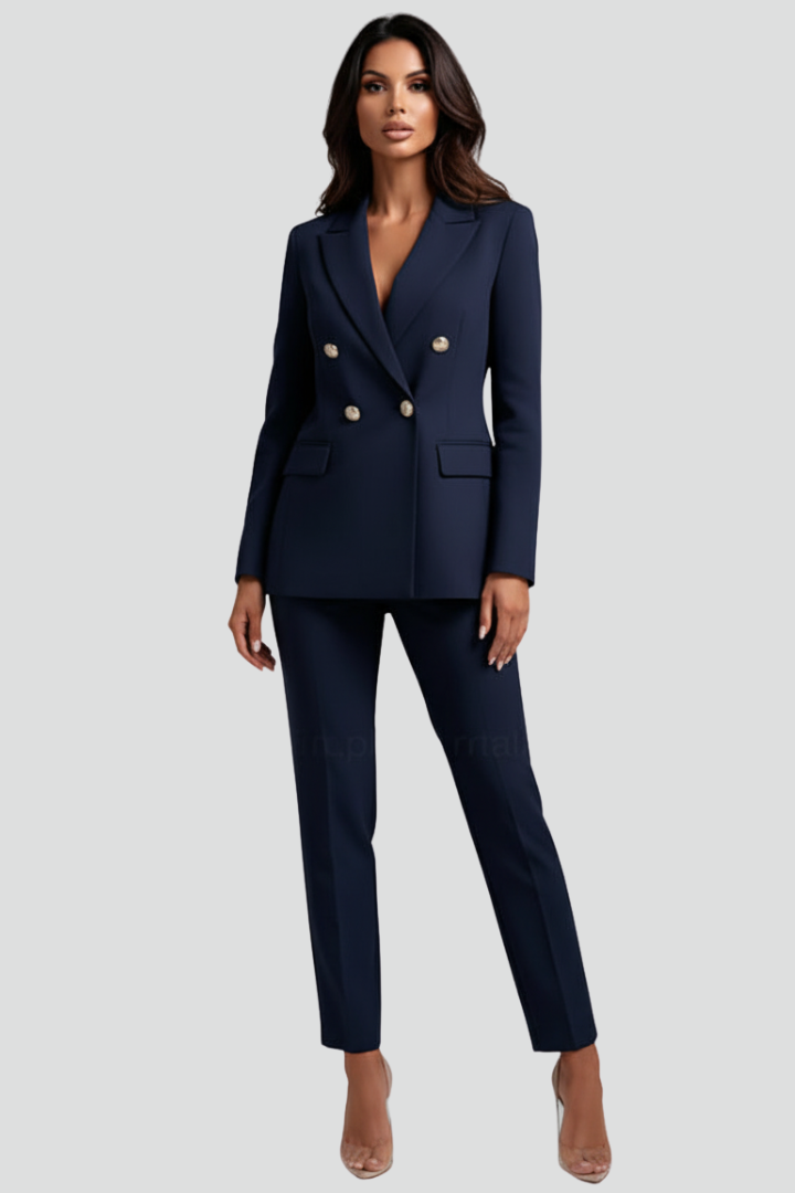 Back view of a women's sophisticated suit set: blazer & straight trousers. Ideal for professional and formal attire.