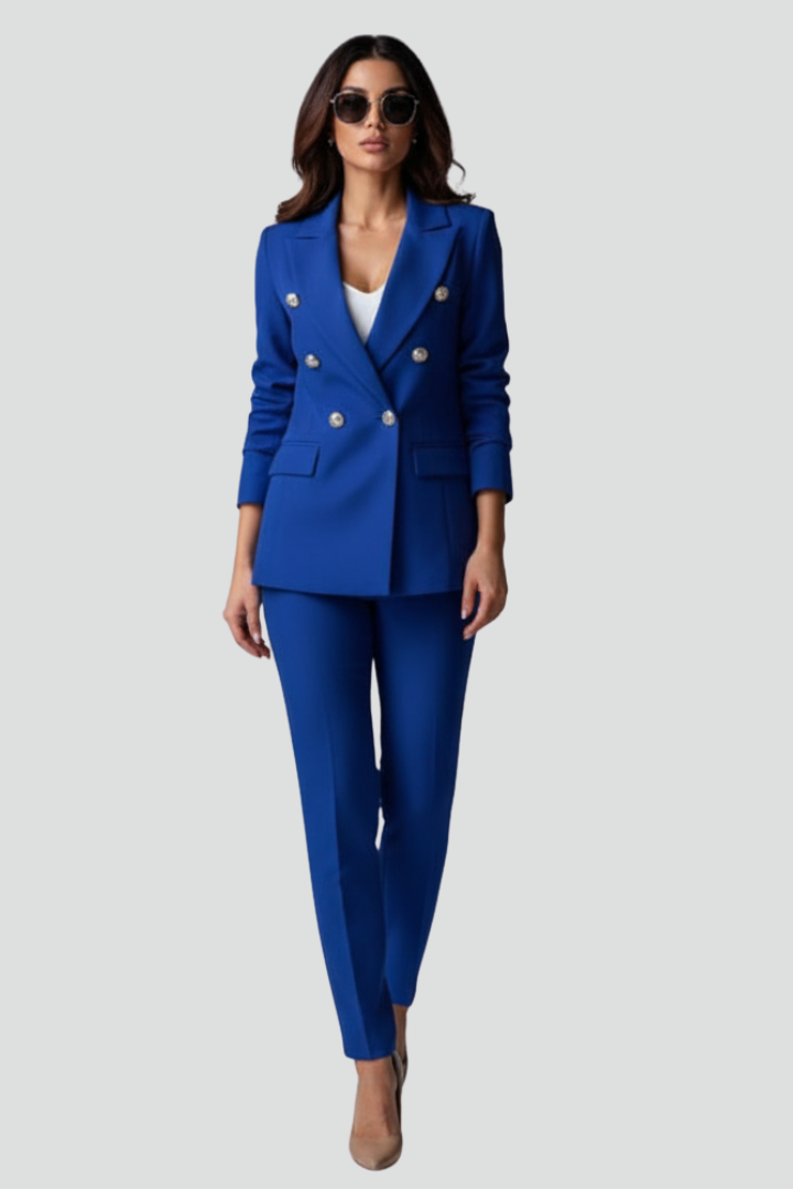 Modern women's business wear: a sharp blazer & straight trousers power suit for confident professional fashion.