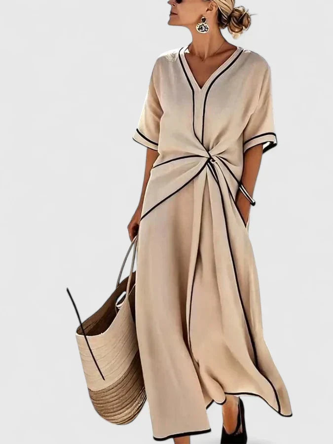 Elegant women's summer midi dress with blue & white stripes, perfect for beach, vacation, or casual day wear. Lightweight & flowing.