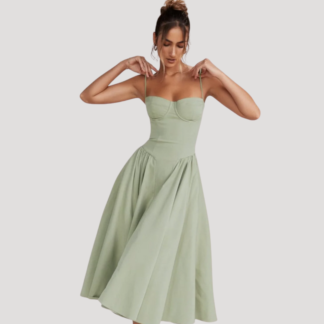 Elegant women's sweetheart corset bodice midi dress with full A-line skirt, perfect for formal occasions.