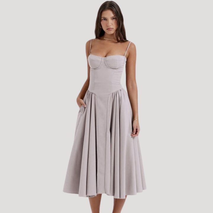 Flattering A-line midi dress for women, featuring a sweetheart corset bodice and delicate spaghetti straps.