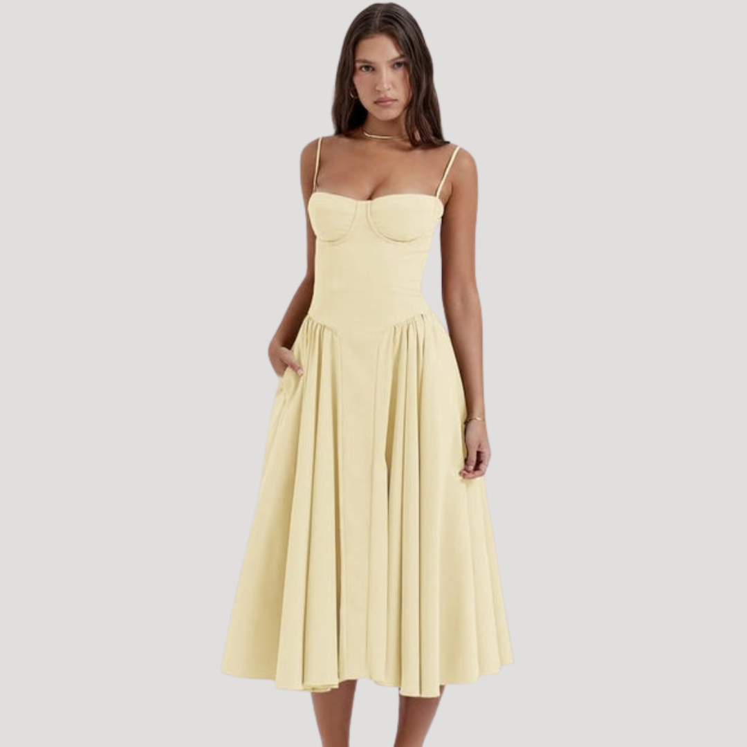 Sophisticated women's formal midi dress with sweetheart corset top and flowing A-line skirt for gala or prom.