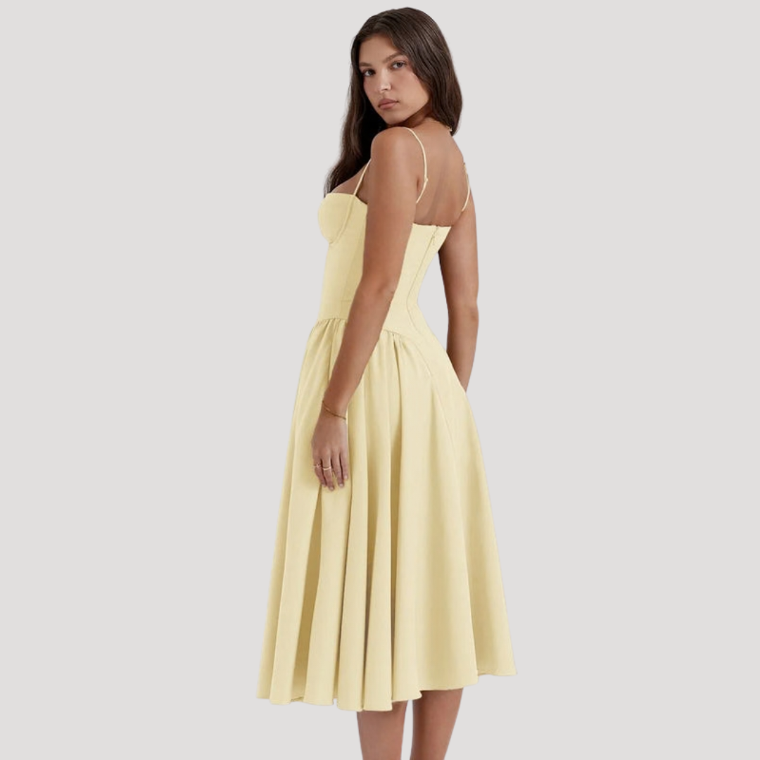 Graceful women's occasion midi dress: spaghetti strap sweetheart corset, full A-line skirt for celebrations.
