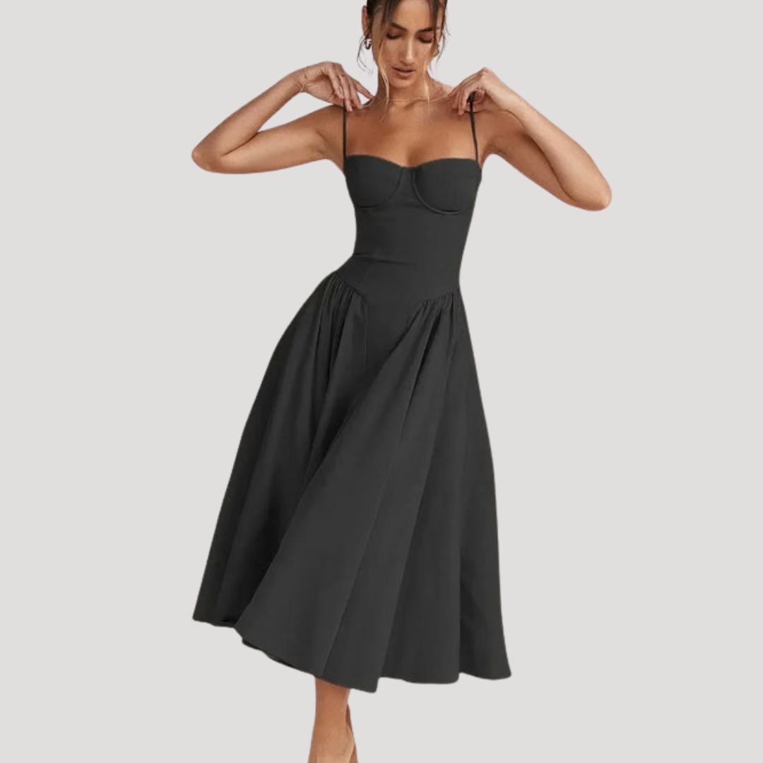 Chic women's occasion dress: sweetheart corset top, spaghetti straps, and elegant A-line midi skirt.