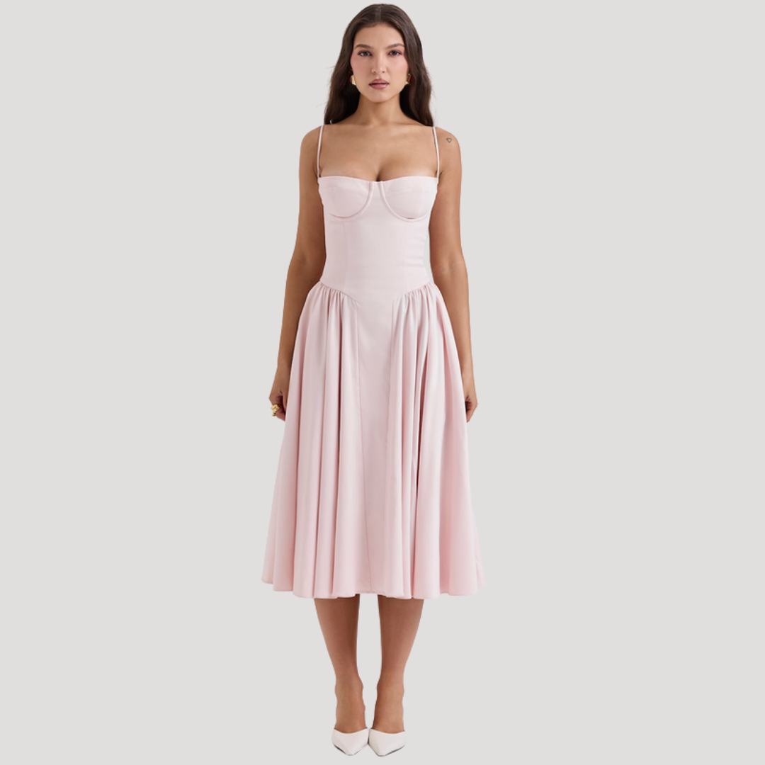 A-line midi dress with a structured sweetheart corset bodice, elegant for any formal party or celebration.