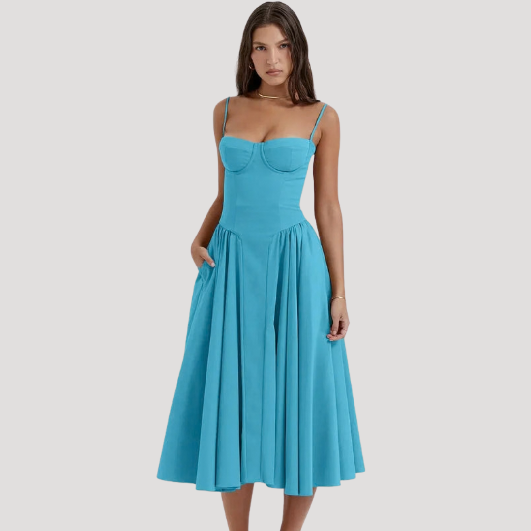 Stylish women's midi dress; A-line silhouette, sweetheart corset bodice, perfect as a wedding guest or party dress.