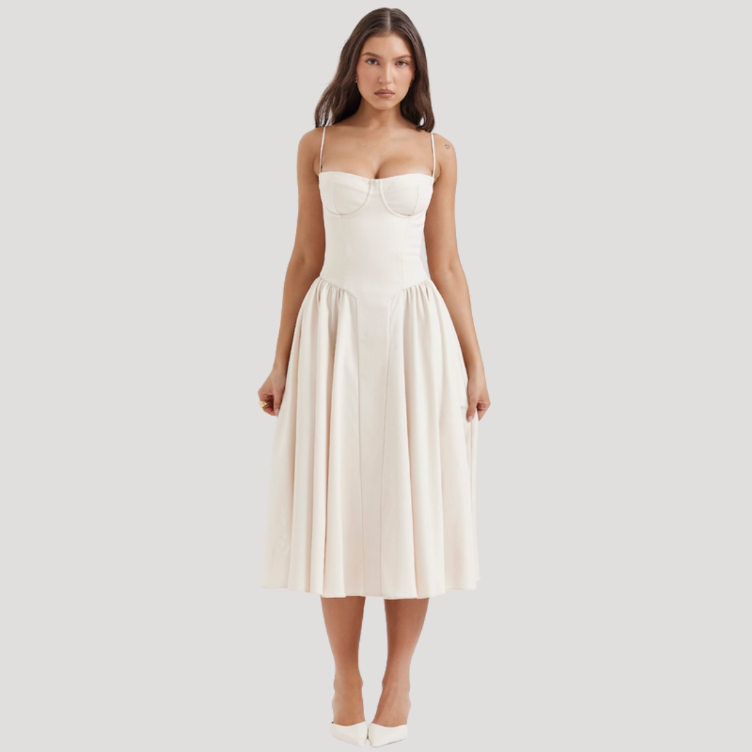 Luxurious formal midi dress, sweetheart corset bodice, and graceful A-line skirt, perfect for evening events.