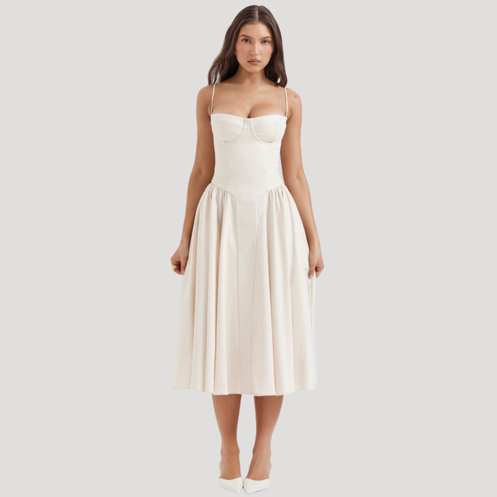 Luxurious formal midi dress, sweetheart corset bodice, and graceful A-line skirt, perfect for evening events.