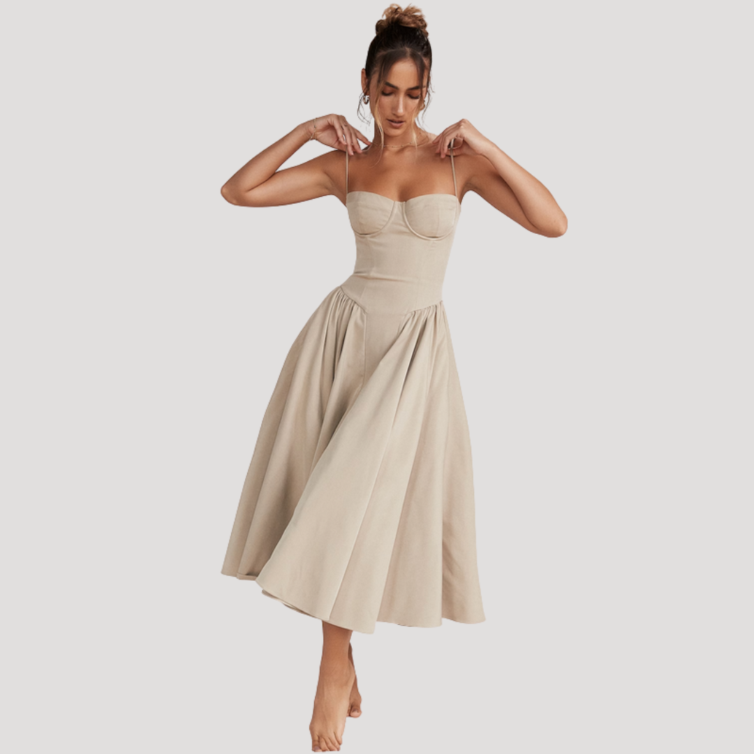 Women's sweetheart corset midi dress with a full A-line skirt, ideal for formal and elegant occasions.