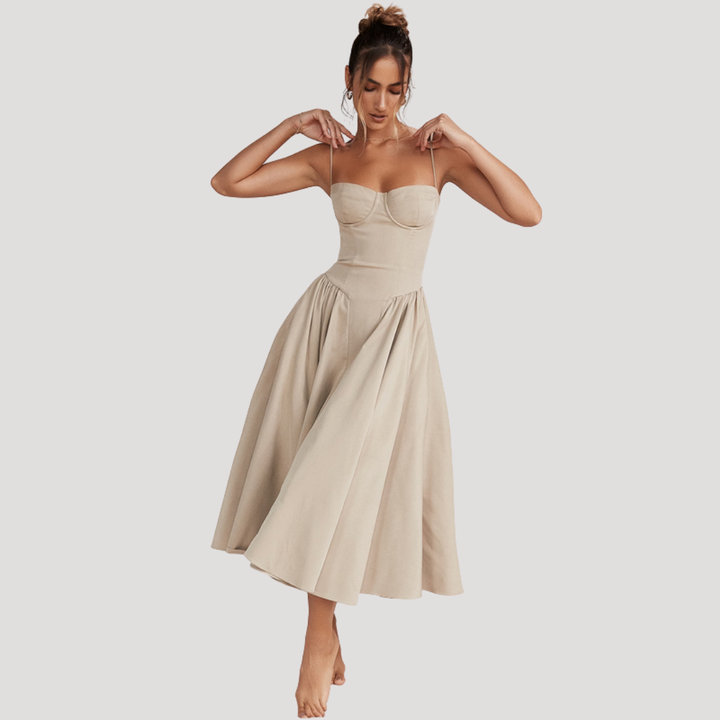 Women's sweetheart corset midi dress with a full A-line skirt, ideal for formal and elegant occasions.