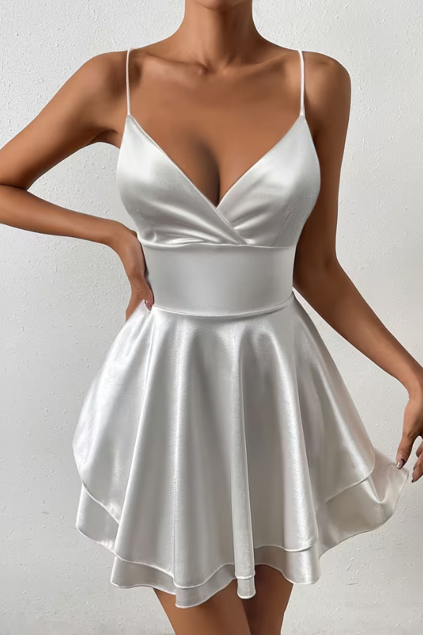 Elegant women's swing dress with alluring open back & V-neck. Perfect cocktail, party or summer special occasion dress.