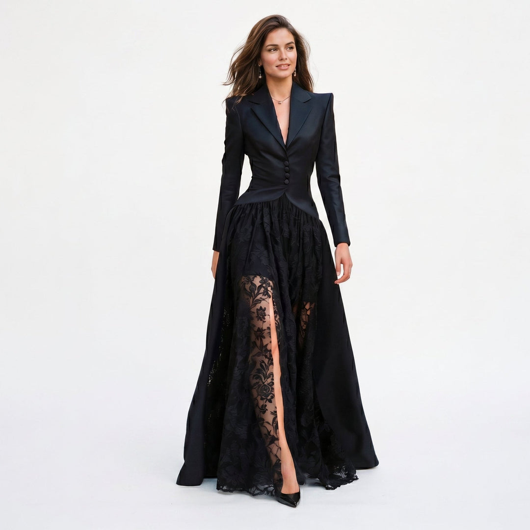 Elegant women's tailored blazer and long lace evening gown set for formal events, gala, or red carpet.