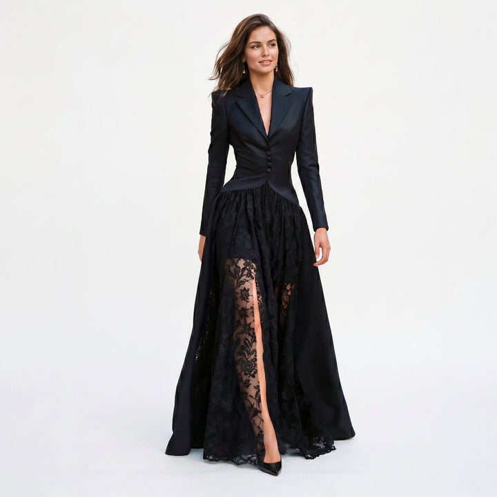 Elegant women's tailored blazer and long lace evening gown set for formal events, gala, or red carpet.