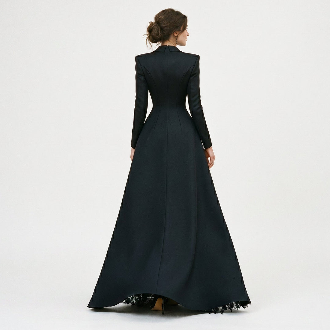 Sophisticated women's tailored blazer & long black lace evening gown set for elegant formal occasions.