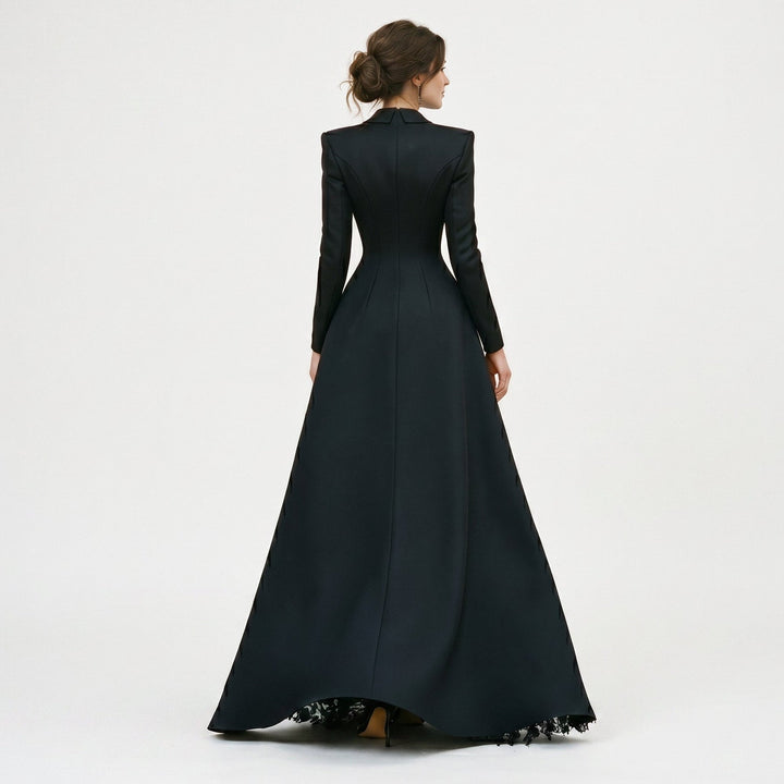 Sophisticated women's tailored blazer & long black lace evening gown set for elegant formal occasions.