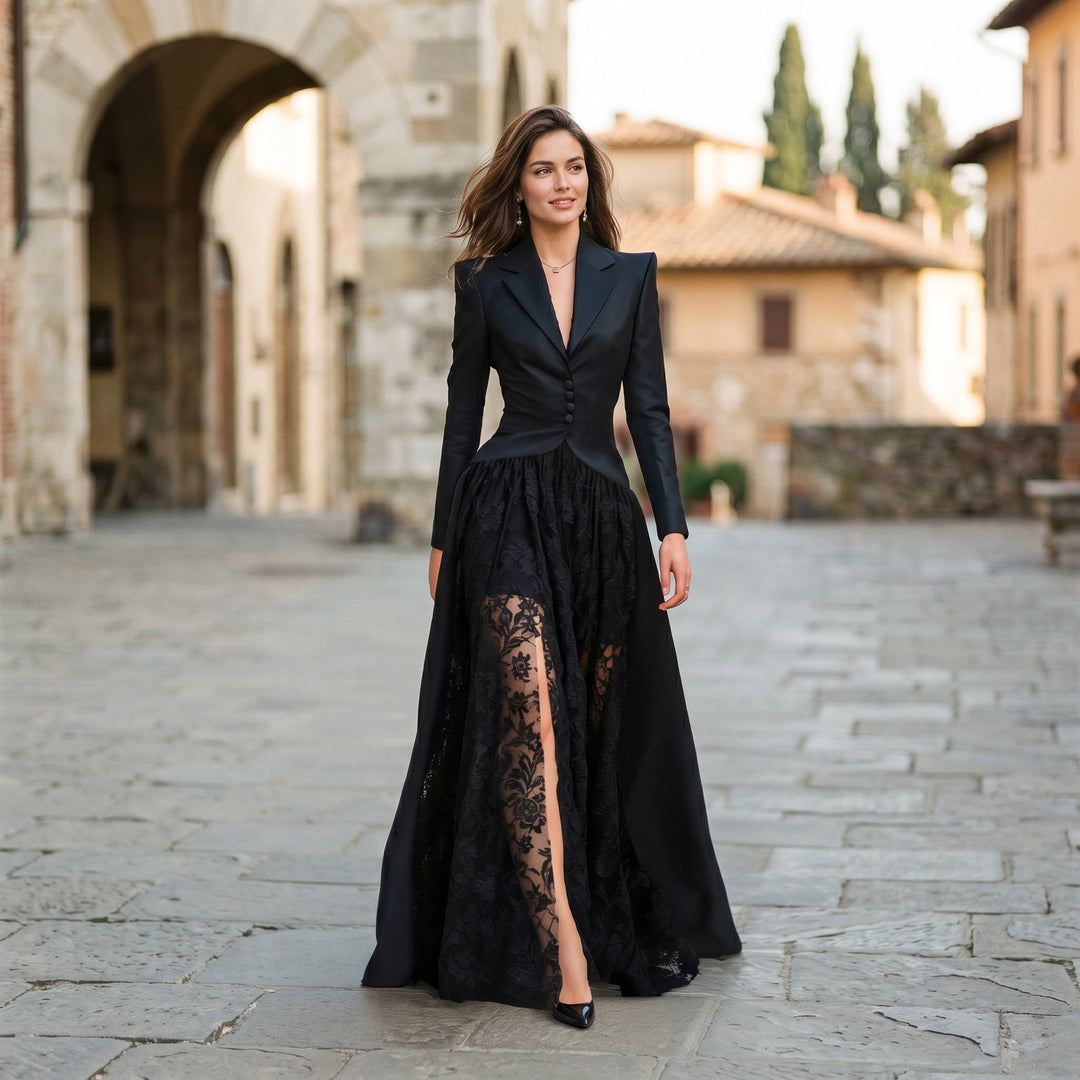 Women's slim-fit long black lace evening gown paired with a chic tailored blazer for special occasions.