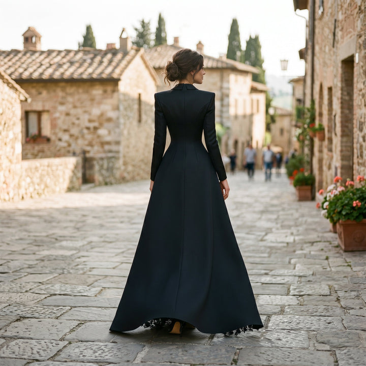 Stunning women's formal evening gown set featuring a tailored blazer & elegant lace dress, perfect for galas.