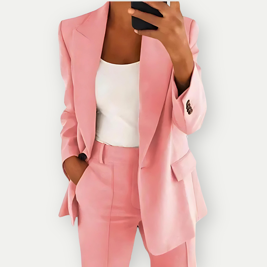Classic women's professional blazer & pant set. Business chic two-piece tailored suit for any occasion.
