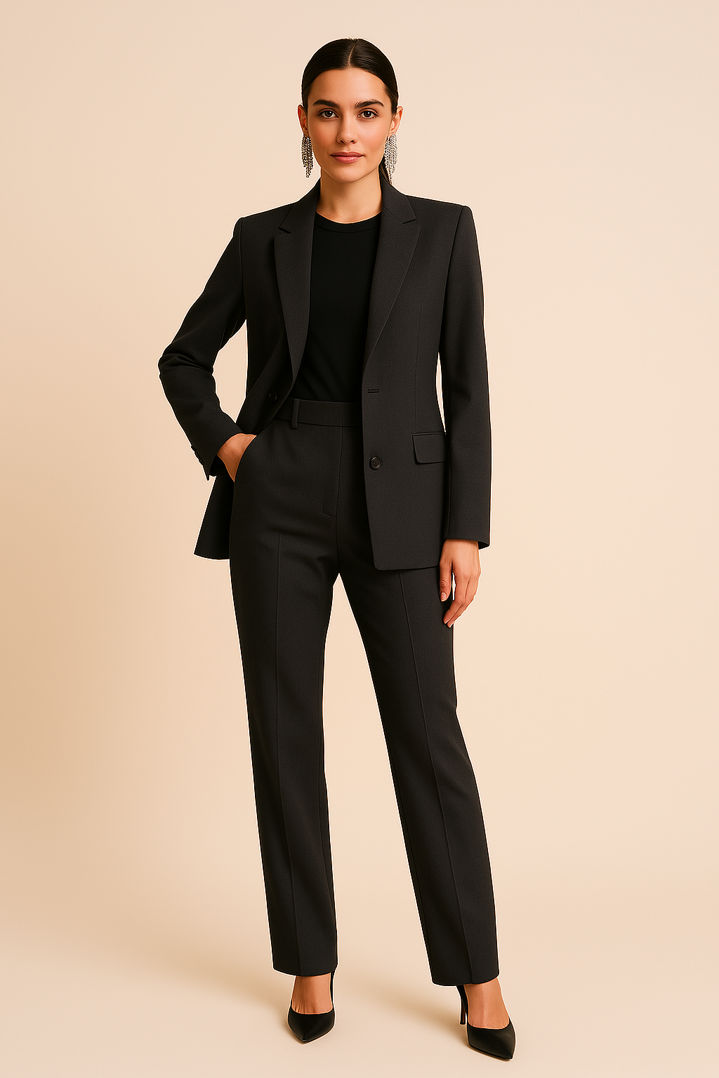 Chic two-piece women's blazer and pants set. A modern tailored business suit for formal occasions & fashion.